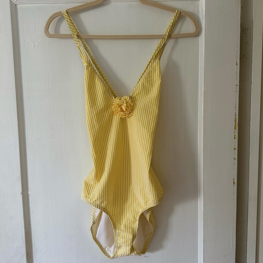 J. Crew Yellow Seersucker Retro One Piece Bathing Suit with Flower